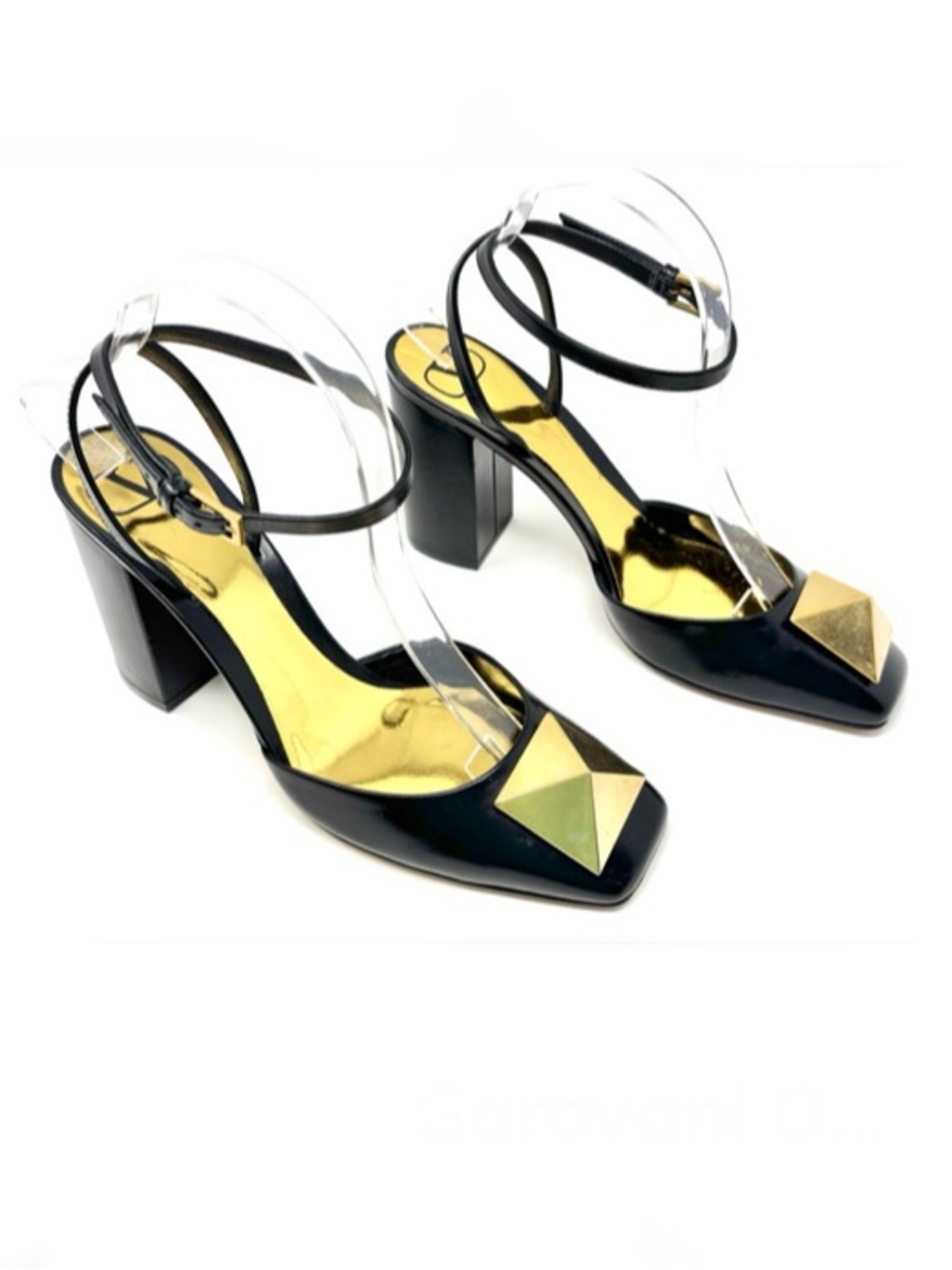 Valentino Garavani One Stud Ankle Strap Block Black Leather Heel Pump Heels 39